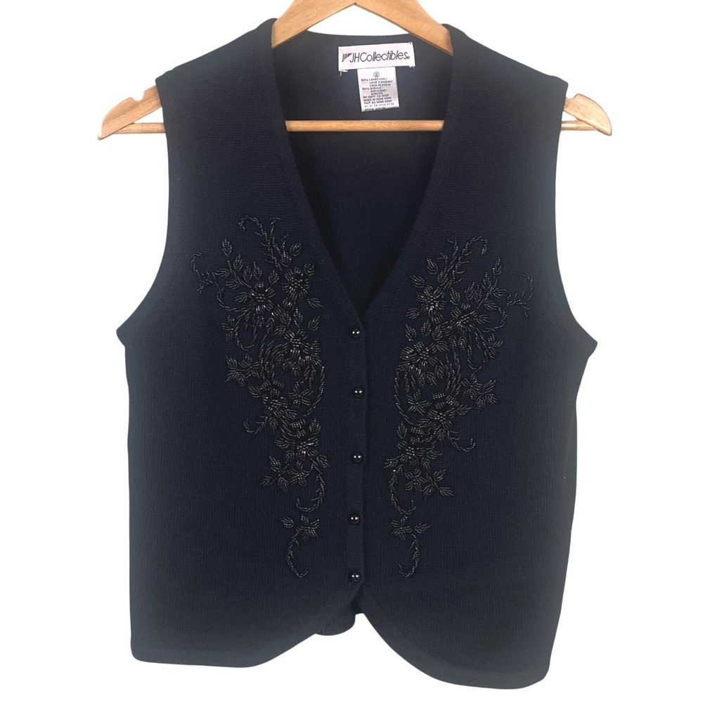 VTG JH Collectibles Black Beaded Floral Sweater Cardigan Vest Wool Blend Small
